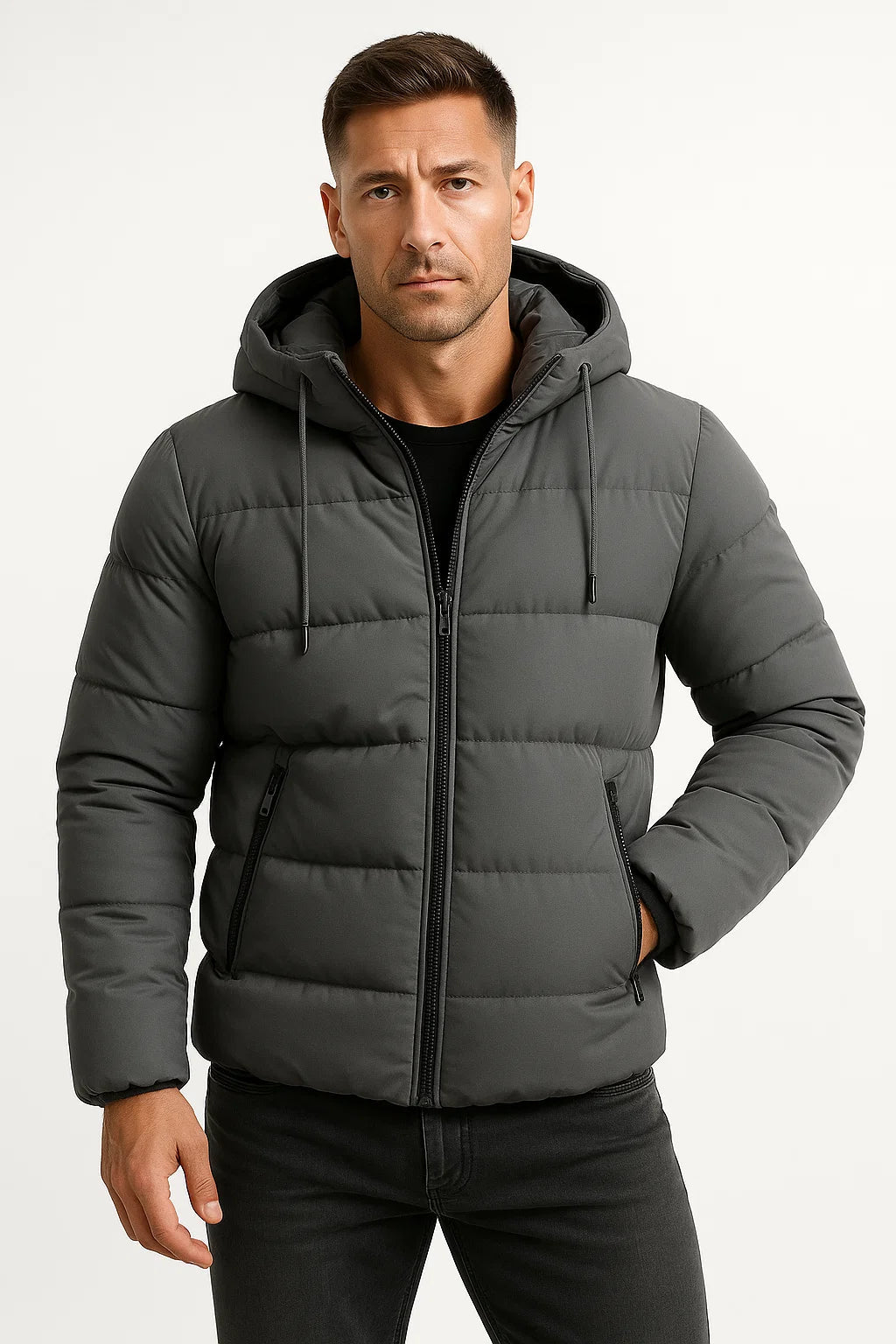 Herren Pufferjacke mit Kapuze – Isolierte Baumwollmischung Wintermantel