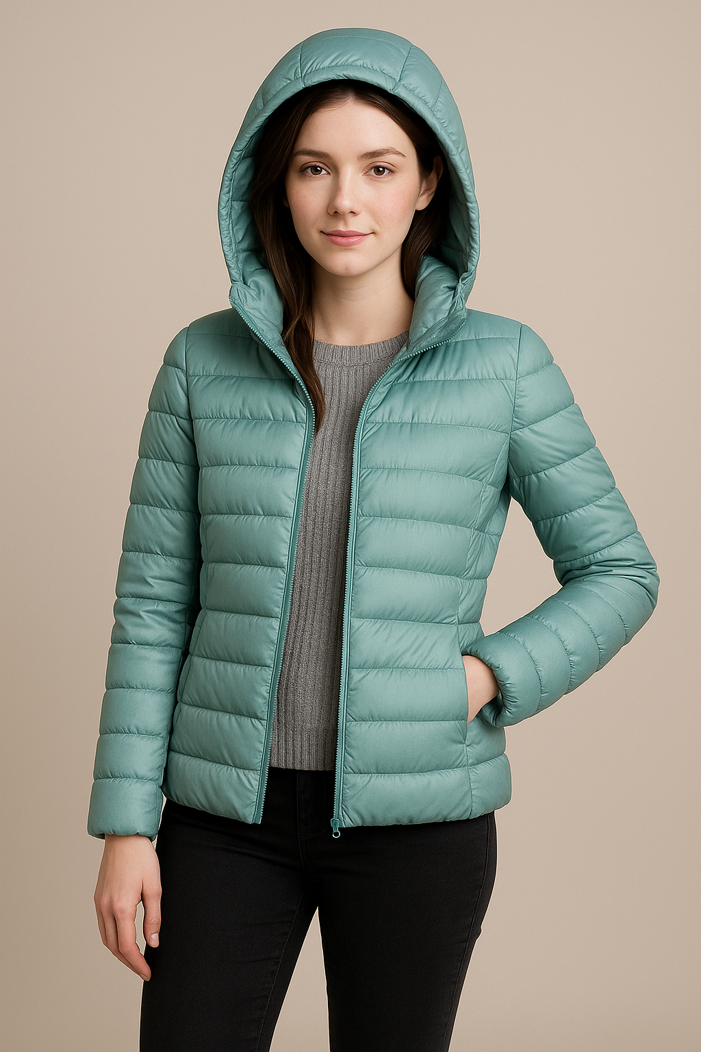 Damen Tailored Stepp-Daunenjacke mit Kapuze – Hüftlanger Leichtgewicht-Design