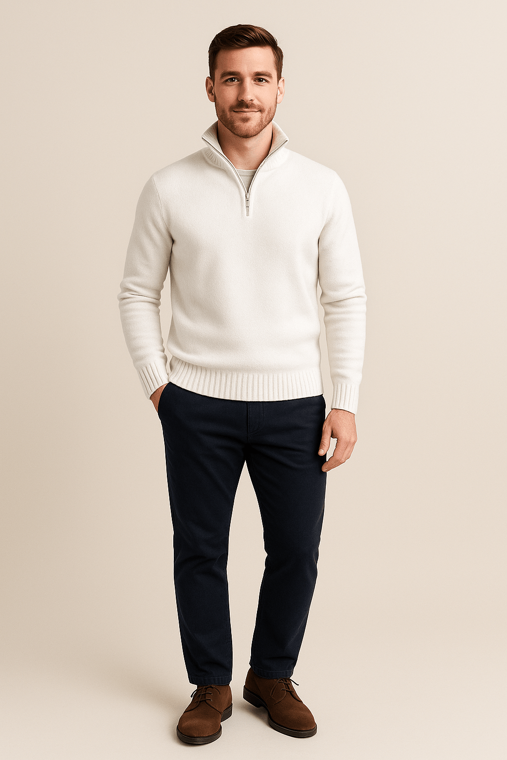 Herren Quarter-Zip Pullover – Gerippter Strickpullover mit hohem Kragen