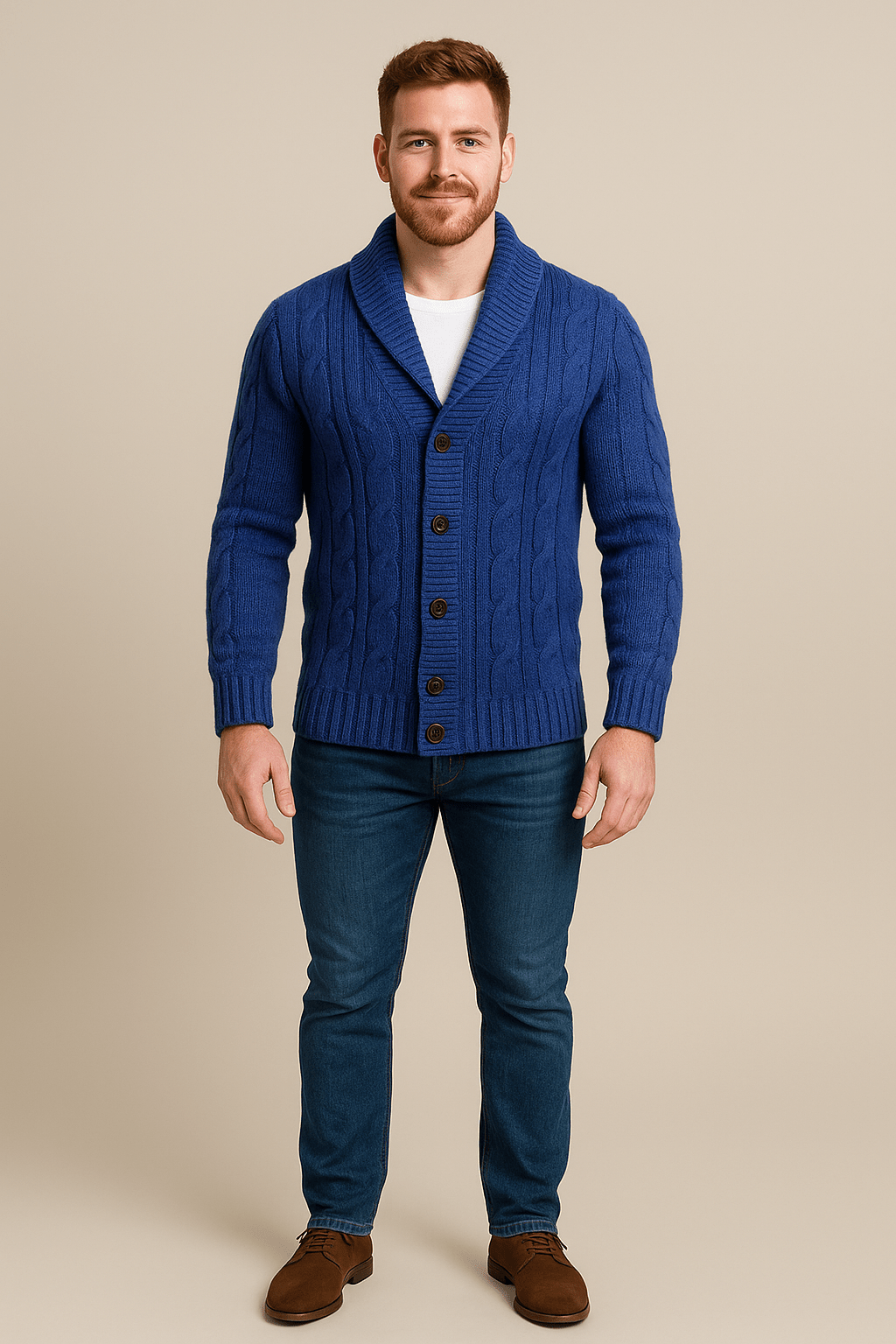 Herren Kabelstrick Cardigan – Knopfverschluss mit Schalkragen