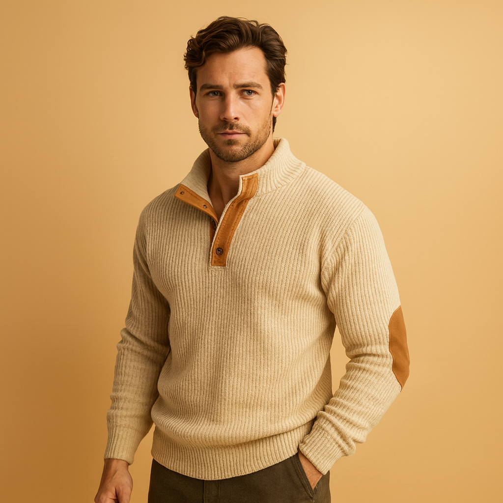 Herren Rippstrick Baumwollpullover mit Knopfkraagen – Lässiger Pullover