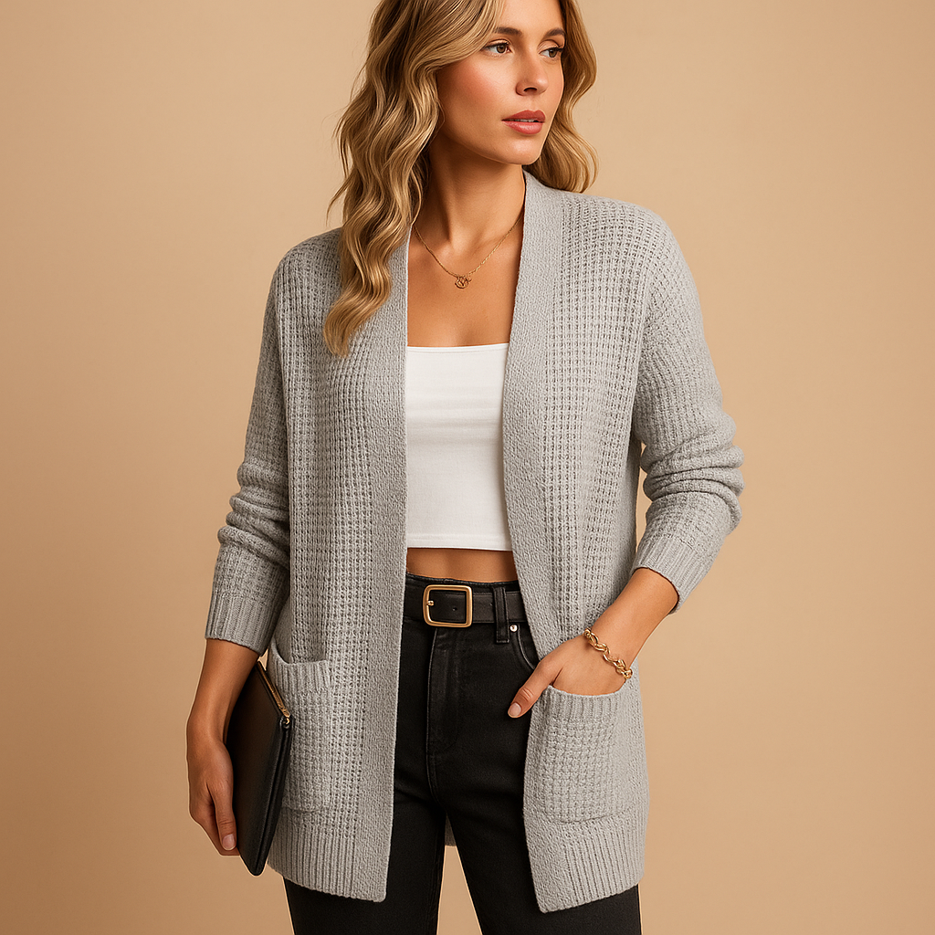 Damen langer V-Ausschnitt Cardigan mit Taschen – Müheloser Stil und Komfort