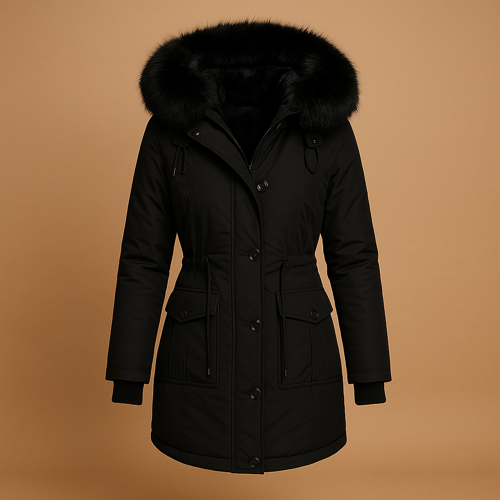 Damen Lange Wasserdichte Winterjacke mit Kunstfellkapuze