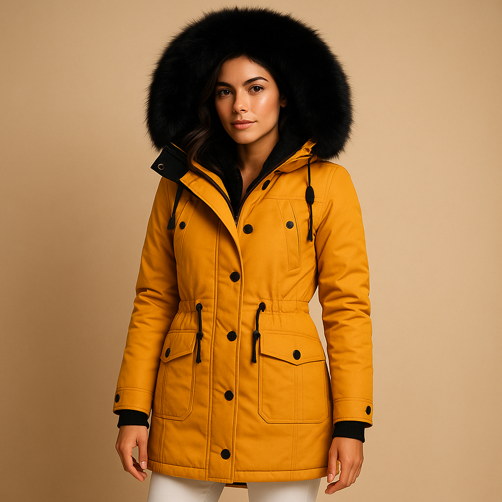 Damen Lange Wasserdichte Winterjacke mit Kunstfellkapuze