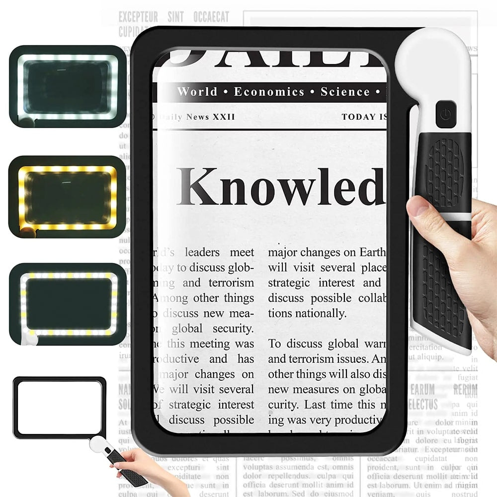 Ripob | Handheld-Vergrößerungsglas im Vollbildformat – 5-fache Vergrößerung, LED-beleuchtetes Vergrößerungsglas mit 3 Modi, ideal zum Lesen von Büchern und für Senioren