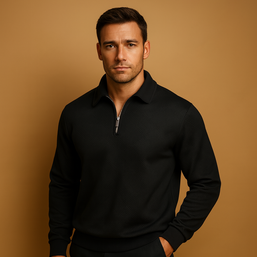 Herren Polo Pullover mit Viertelreißverschluss und geometrischem Muster