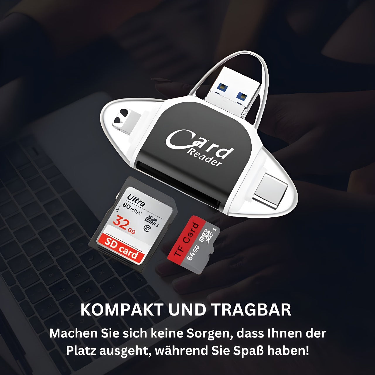 SD-Kartenleser mit USB A, USB C, Micro USB & Lightning | Kartenleser für iPhone, Android & Laptop | SD-Kartenadapter | FlexiLink