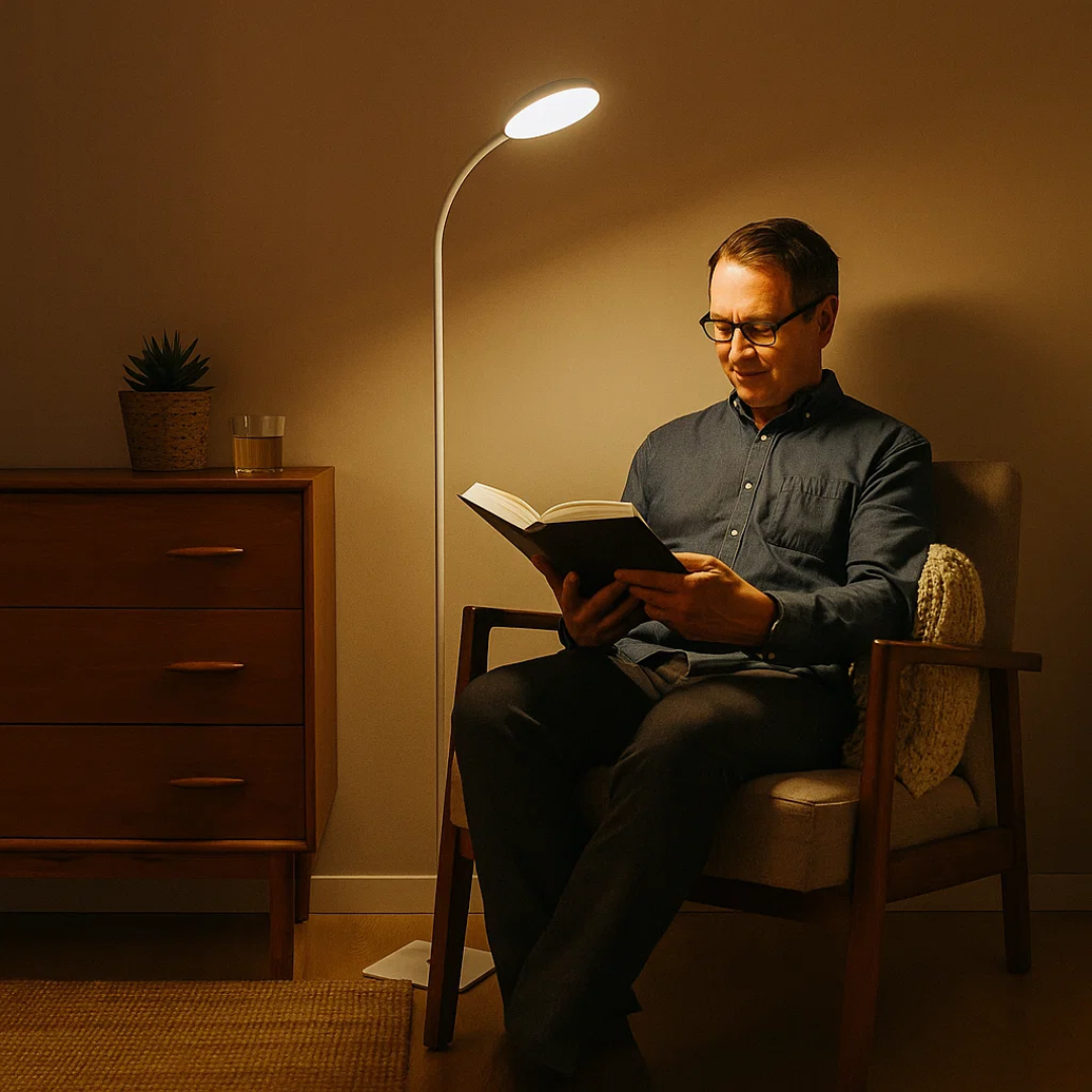 LED-Stehlampe im minimalistischen Design mit warmem Licht