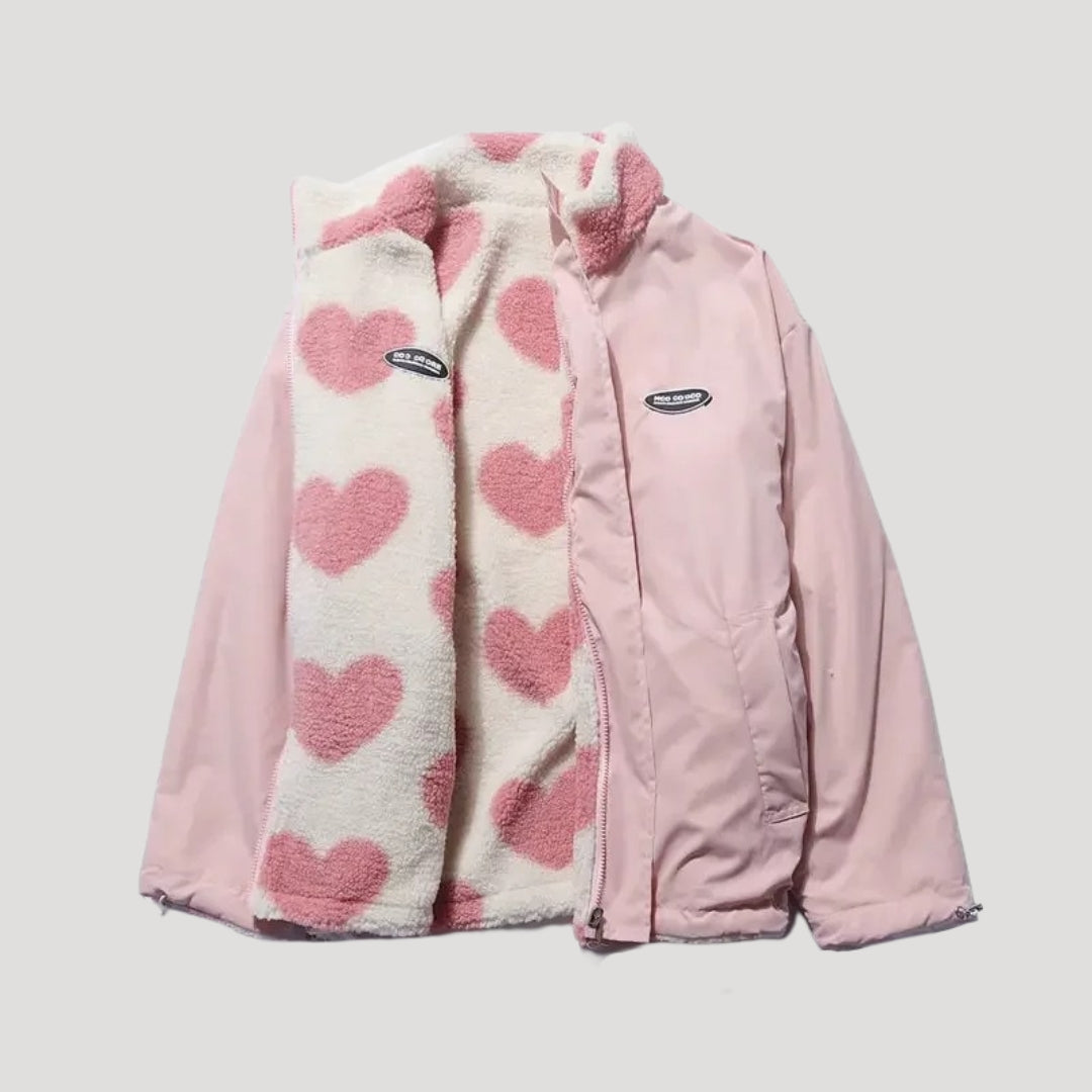Damen Wendefleecejacke | Herzmuster Design und gemütlicher Komfort