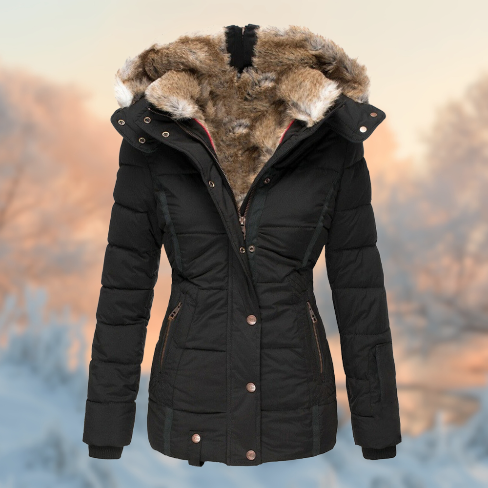 Damen warmer Wintermantel mit Kapuze und schmeichelhaftem Schnitt