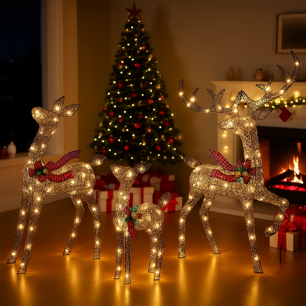 Weihnachtsrentier Familien Dekoration Beleuchtet Außen Rattan Design