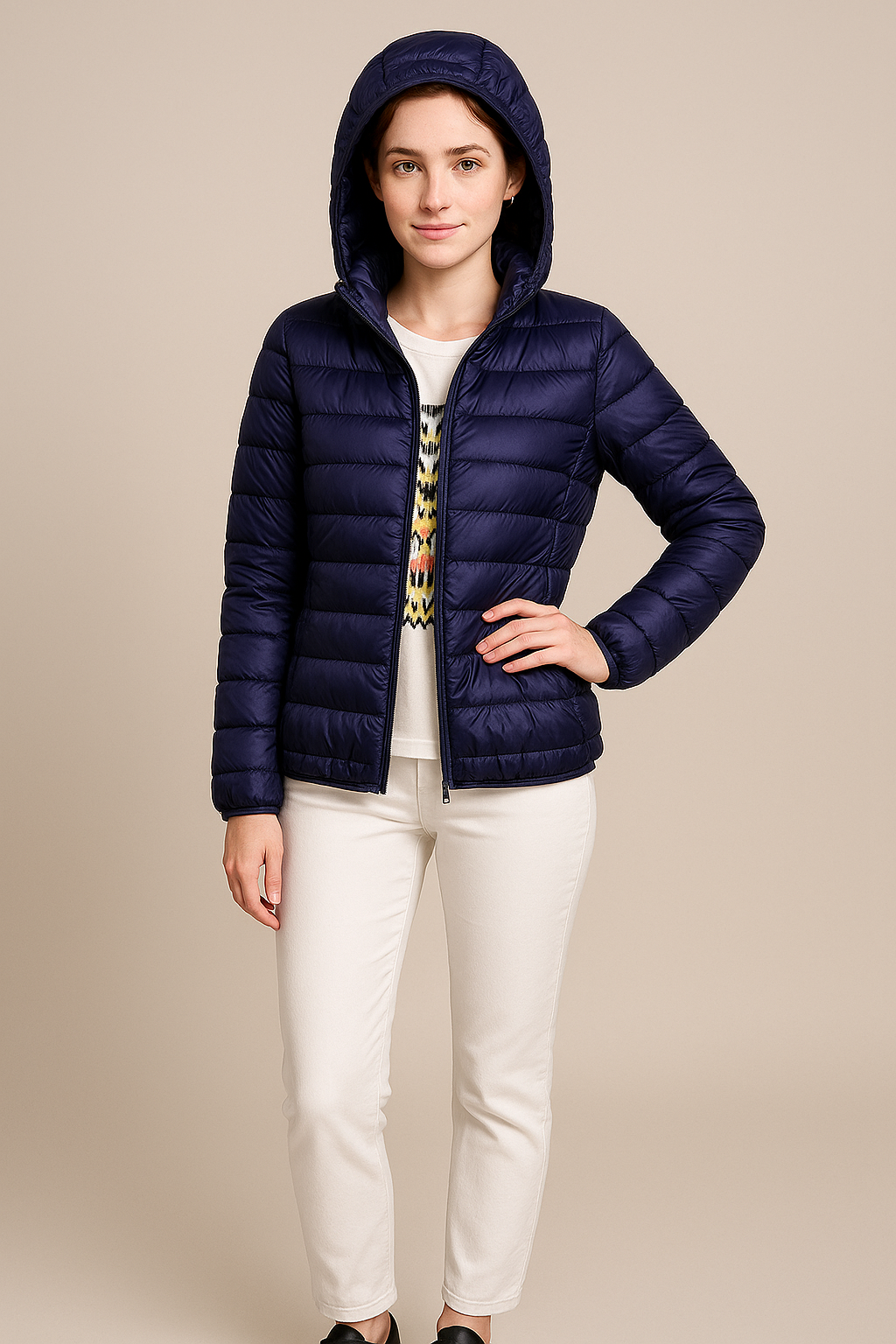 Damen Tailored Stepp-Daunenjacke mit Kapuze – Hüftlanger Leichtgewicht-Design