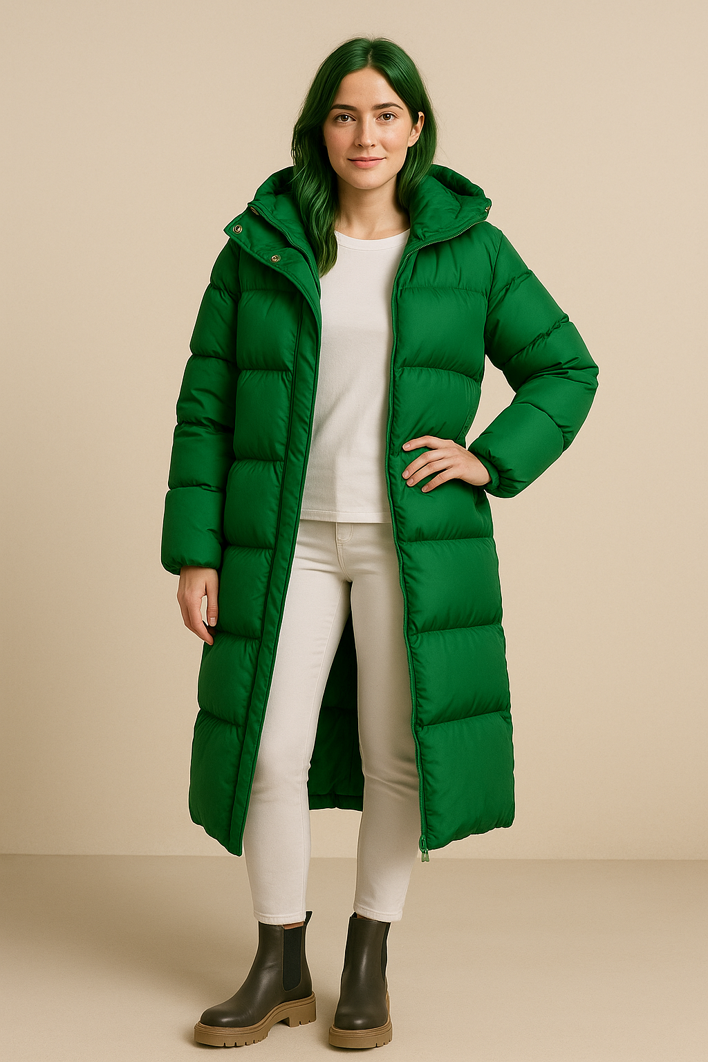 Damen Oversized Stepp-Pufferjacke mit hohem Kragen und durchgehendem Reißverschluss