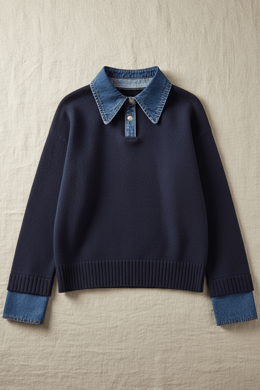 Damen Relaxed Fit Strickpullover mit Denim-Kragen und -Ärmeln