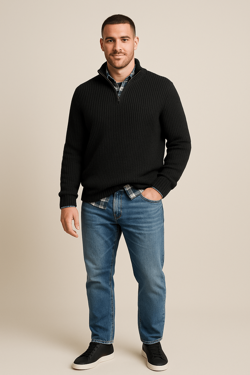 Herren-Half-Zip-Pullover – Gerippter Strickpullover mit hohem Kragen