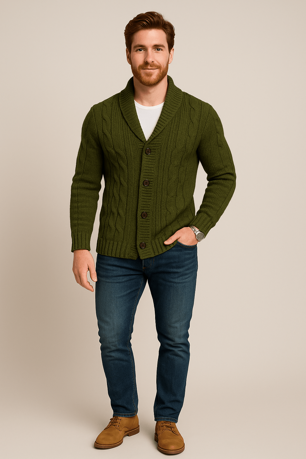 Herren Kabelstrick Cardigan – Knopfverschluss mit Schalkragen