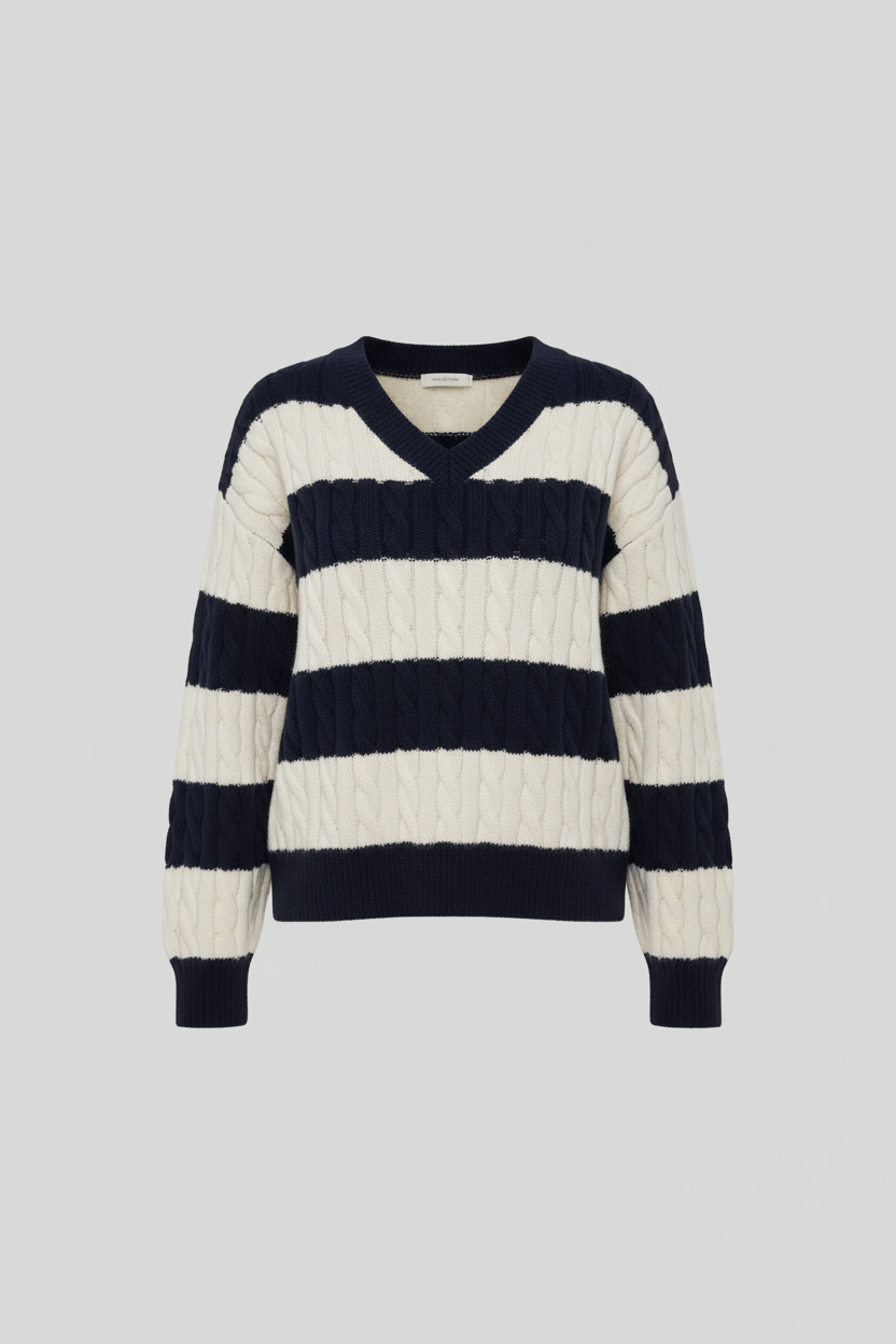 Oversized V-Ausschnitt Pullover mit Kabelstrick und gestreiften Details für Damen