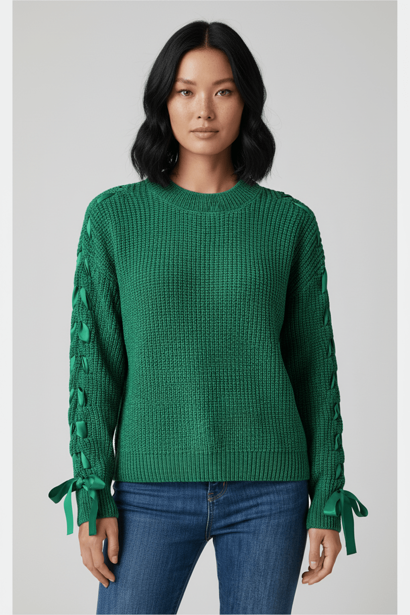 Damen Relaxed Fit Rippstrickpullover mit Schnürärmel